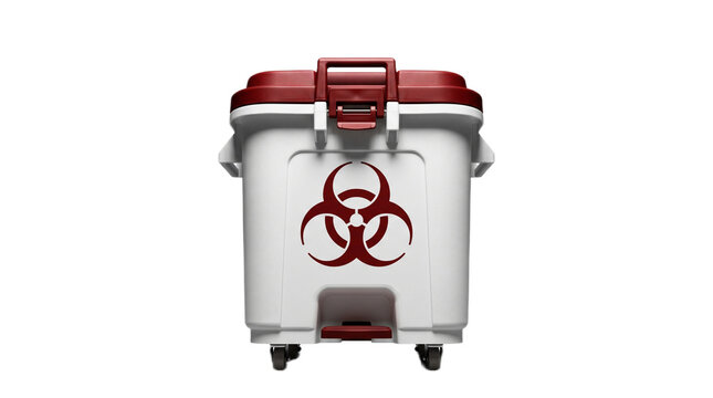 A biohazard waste container with a red lid and biohazard symbol on transparent background hantavirus pulmonary syndrome, hps