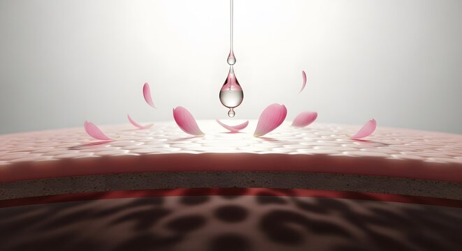 A single drop of serum falling onto human skin surface surrounded by floating soft pink flower petals