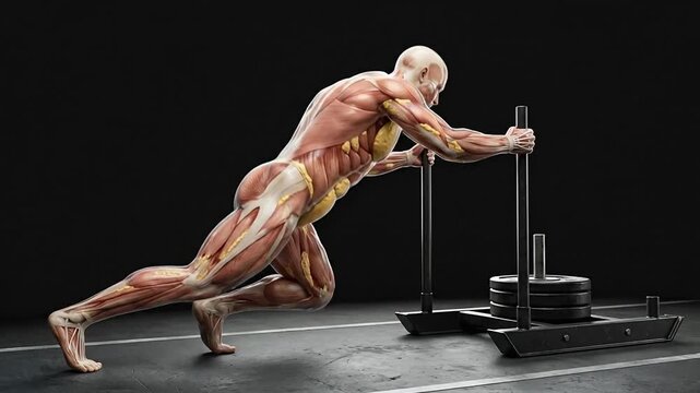 Muscular male athlete demonstrating push and pull strength exercises with resistance sleds in a gym setting for fitness training