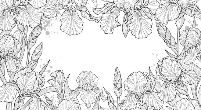 Artistic black and white frame made of hand drawn iris flowers and buds with subtle ink splashes on a white background.