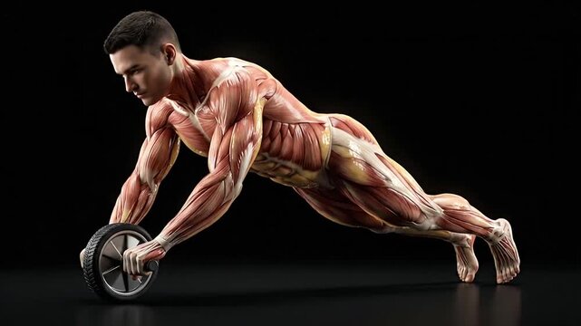 Human muscular anatomy in a dynamic push-up exercise or movement demonstrating detailed muscle engagement and body positioning