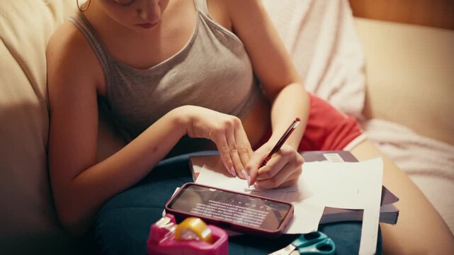 Close up of a focused high school student creating secret notes and crib sheets from her smartphone to cheat on a future test, using scissors and tape on a sofa.