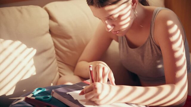 Close up of a focused high school student creating secret notes and crib sheets from her smartphone to cheat on a future test, using scissors and tape on a sofa.
