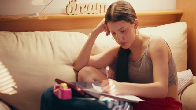 Close up of a concentrated teenage girl copying small text from her phone to create a tiny cheat sheet, preparing for an academic exam while sitting on a comfortable sofa in a living room.