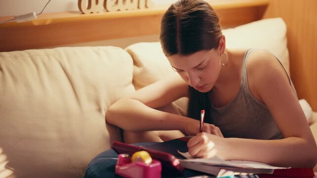 Close up of a concentrated teenage girl copying small text from her phone to create a tiny cheat sheet, preparing for an academic exam while sitting on a comfortable sofa in a living room.