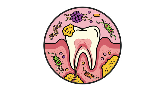 Cross section of decayed tooth with bacteria and plaque