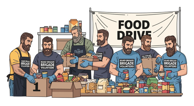 Bearded volunteers sort donations at a food drive event, community support, charity work