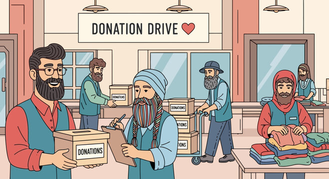 Charity Donation Drive: Volunteers Sorting Clothes and Boxes for Needy People