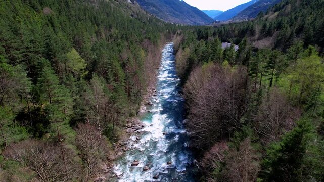 Aerial take of a small river surrounded by trees in the Spanish Pyrenees, Huesca