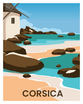 Summer travel destination poster in flat style. Vector illustration landscape for art print, decoration, card, poscrard. 