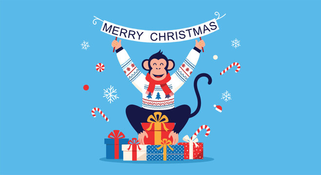 Jolly monkey wearing a festive Christmas sweater and scarf holds a holiday banner while sitting atop a pile of colorful gift boxes.