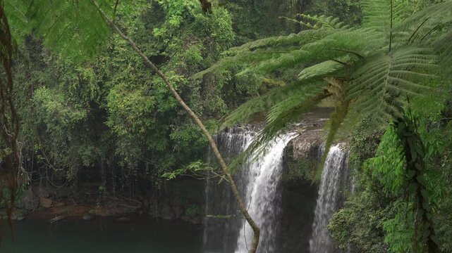 Slow motion reveal of Tad Champee waterfall framed by ferns and dense jungle on the Bolaven Plateau in Laos.