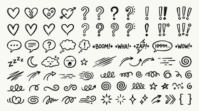 A collection of various hand drawn emoticon symbols.