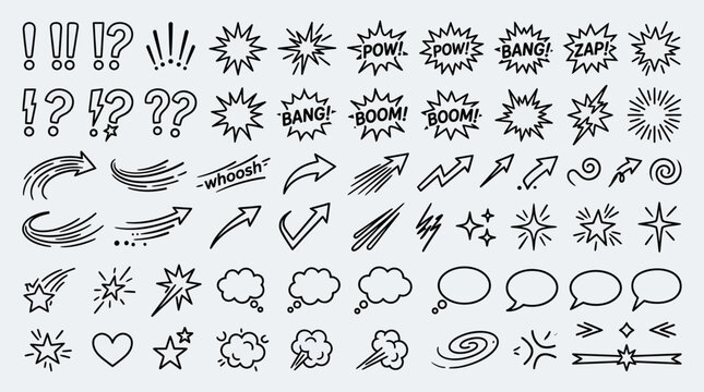 Collection of various comic book style speech bubbles and reaction icons.