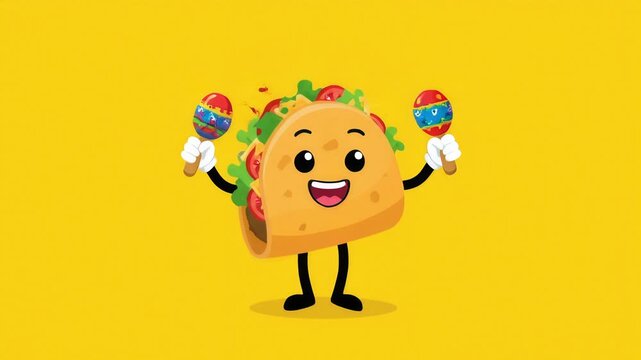 Happy Cartoon Taco Character Dancing and Shaking Maracas on Yellow Background.