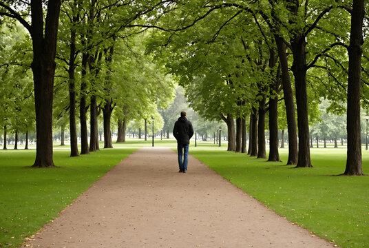 A man walking alone on a path through a beautiful green tree-lined park alley