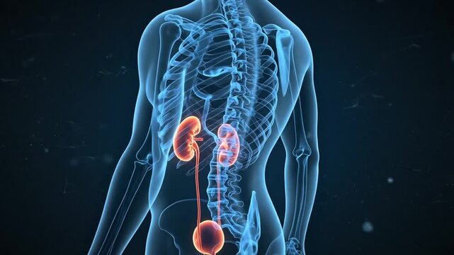 Visualization of human renal system and urinary pathways with detailed anatomy and glowing effects