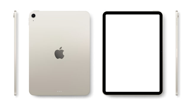 Photorealistic detailed Apple iPad Air M4 11 inches 2026 Starlight mockup. Real dimentions. Front, rear and side views isolated on white background with shadows. Vector editorial illustration