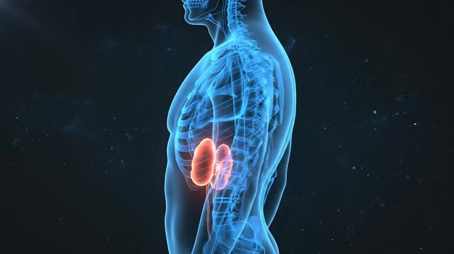 Dynamic visualization of human renal system showing kidney anatomy and function in digital art
