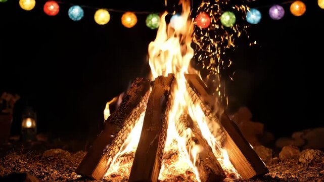 Campfire Burning at Night with String Lights Background