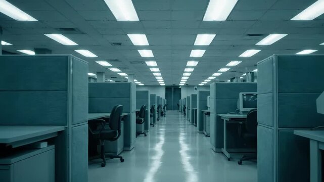 Empty Retro Office Cubicles in Dim Light Corridor
