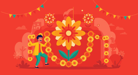 Naklejka premium Celebrating Festive Season with Colorful Rangoli Art and Flowers