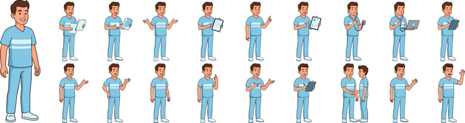 Fototapeta premium Cartoon Vector Male Character Pose Set with Digital Devices Gestures and Casual Lifestyle Activities for Animation Design