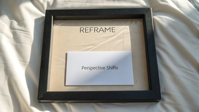 Black picture frame with words reframing perspective on paper