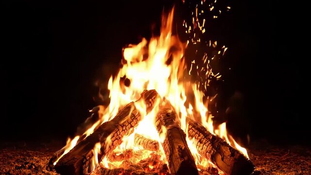 Large Bonfire Burning Flame on Dark Night Background