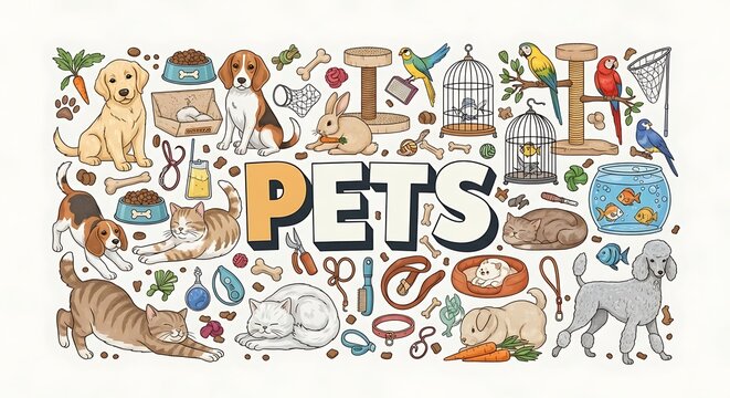 Colorful illustration of various pets and pet supplies on white background