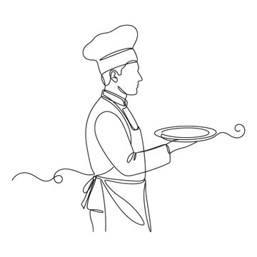 Continuous line drawing of a chef holding a plate on transparent background