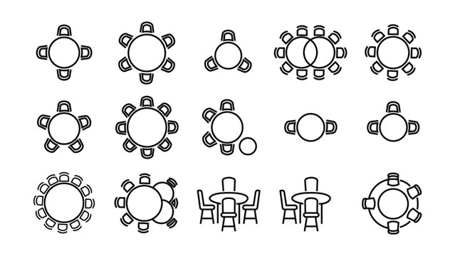 Set of table and chair layout icons representing top view seating arrangements for office meetings and restaurant dining interior design