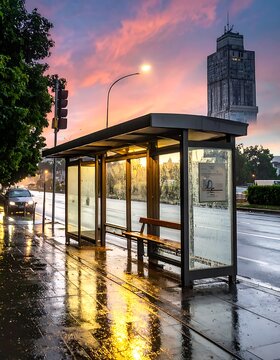 Bus stop on a rainy city street.