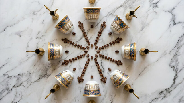 Elegant coffee cups arranged in radial pattern with coffee beans on marble surface