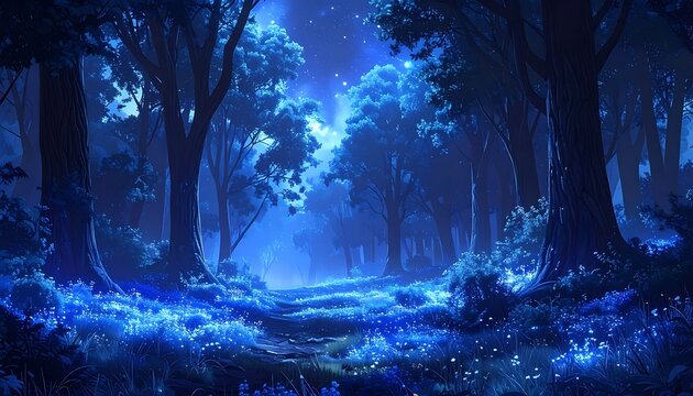 Mystical blue forest with glowing trees.