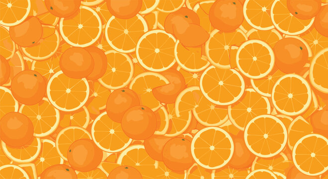 Top view of a dense pile consisting of numerous fresh whole oranges and bright orange fruit slices filling the entire frame.