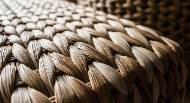 Detailed close-up of woven natural raffia texture with earthy brown and tan tones