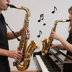 Naklejka premium Cute Pastel Piano Gold. Intricate, Upbeat Jazz Music Featuring Saxophone And Piano Melodies