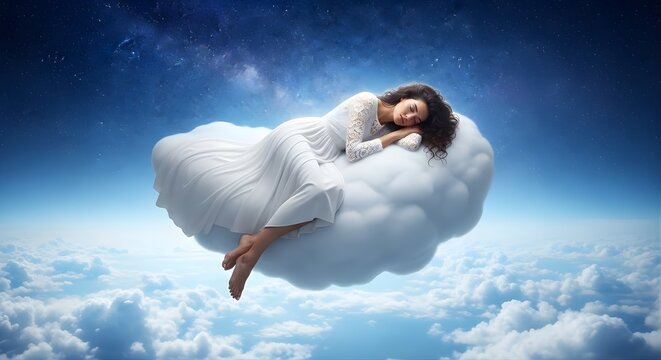 Woman Sleeping Peacefully on a Fluffy Cloud High Above the Sky.