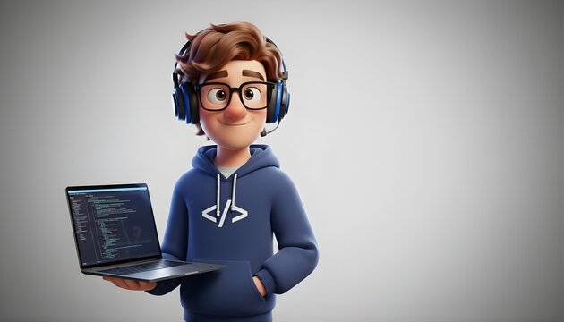 Young Coder with Headphones and Laptop.