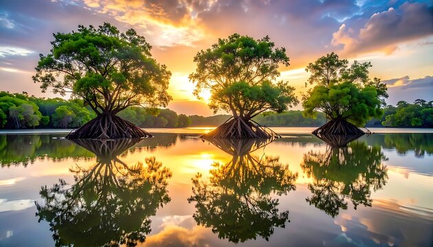 Serene tropical mangrove trees at sunset.