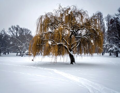 Snowy landscape with a weeping willow tree.