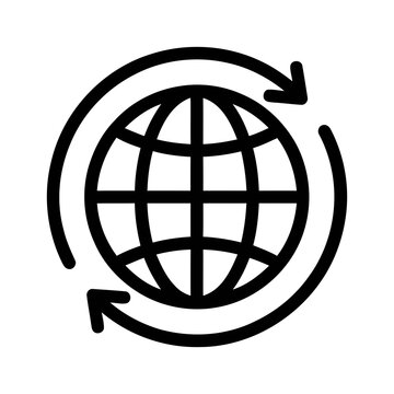 Black Outline Icon of a Globe with Circular Arrows Representing Global Connection