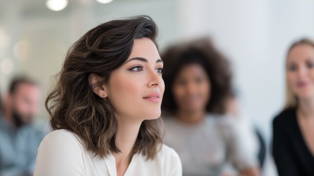 Female leader facilitating a meeting while listening attentively to a colleague