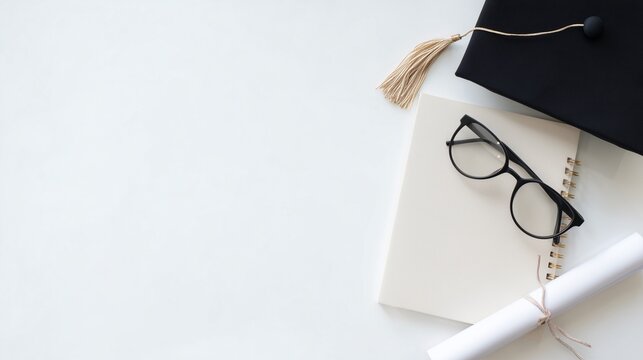 Graduation cap, diploma, glasses, and notebook arranged cleanly with free space for text on white background