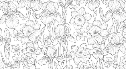 Fototapeta premium Dense floral pattern featuring a detailed black and white line drawing of iris and narcissus flowers in a garden meadow.
