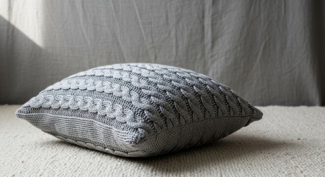A Hand-Knitted Cable Knit Cushion with Intricate Textile Patterns.