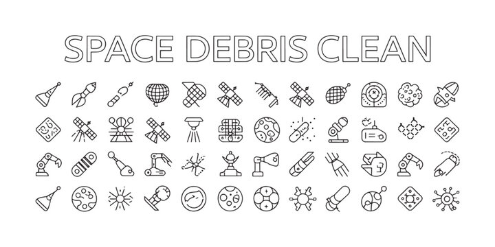A collection of thin line icons related to space debris cleaning, featuring satellites, robotic arms, space junk, and orbital cleanup technology.