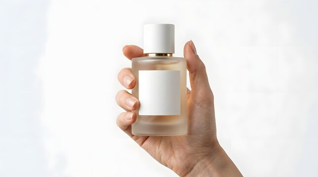 Hand holding perfume bottle against white background