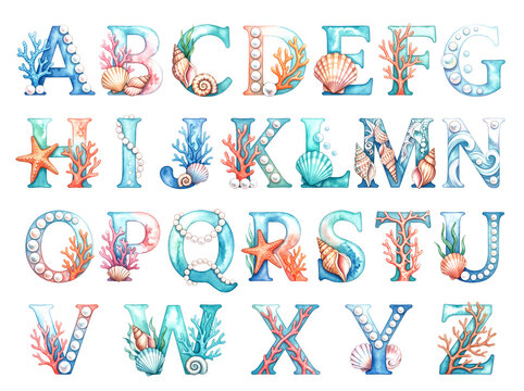 Alphabet set of watercolor letters decorated with sea shells, corals and pearls on transparent background. Creative marine typography for invitation, poster and nautical design.